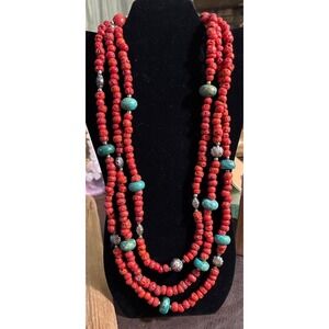 VTG Tibetan Red Coral & Turquoise Beaded Necklace With Silver Accents